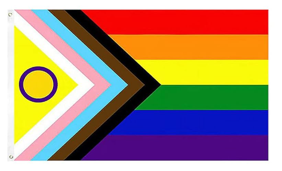 Progress Pride flag, with rainbow stripes and trans, intersex, and marginalized people of color symbols.