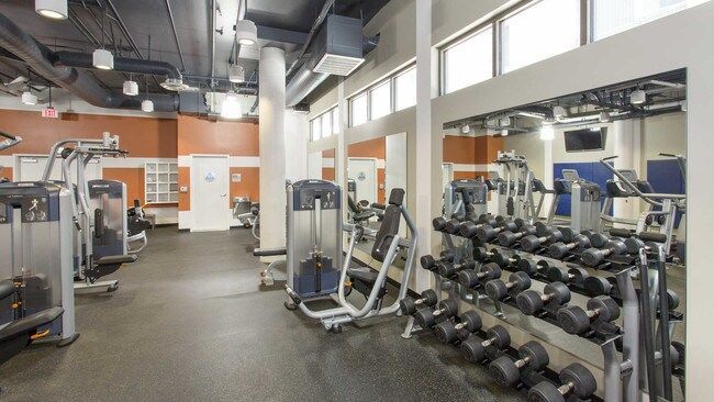 Gym interior with weight machines, free weights, and mirrors.