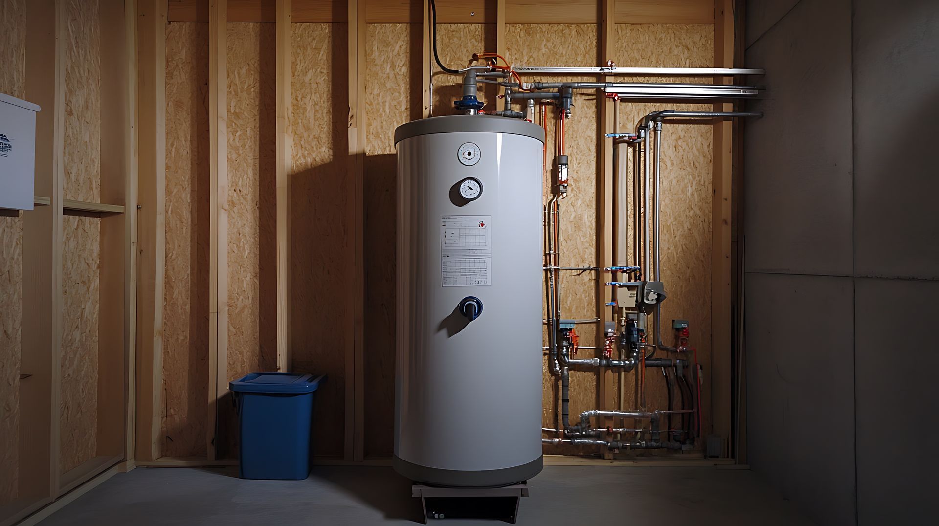 Water heater in a utility room, beside a wall with wood paneling.