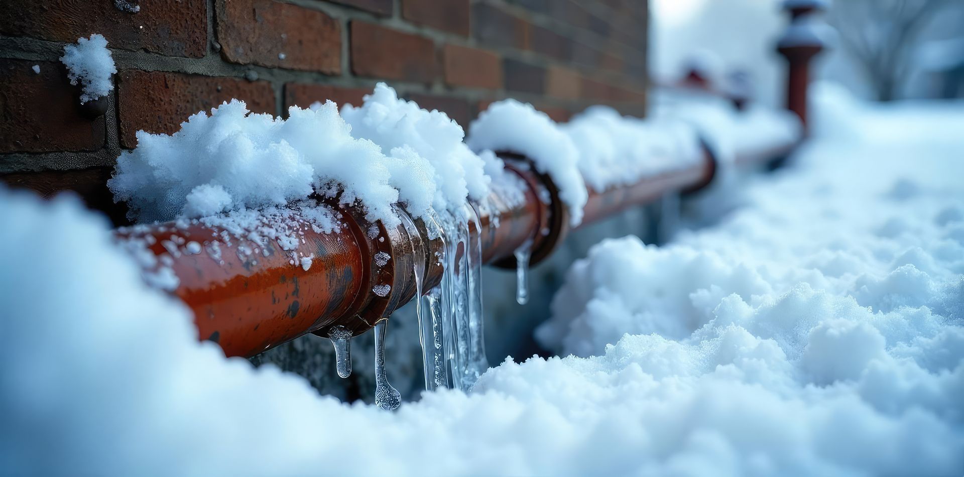 Snow-covered orange pipe against a brick wall, with icicles forming, indicating freezing weather.