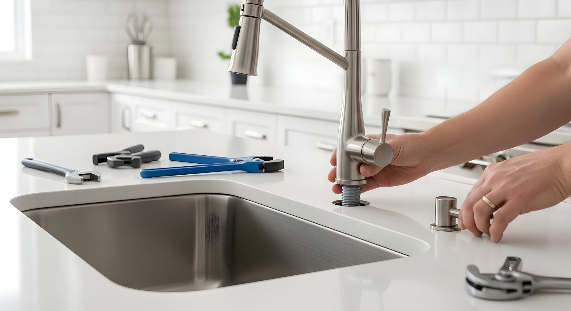 A pair of hands installs a stainless steel faucet into a white kitchen countertop with various plumbing tools nearby.