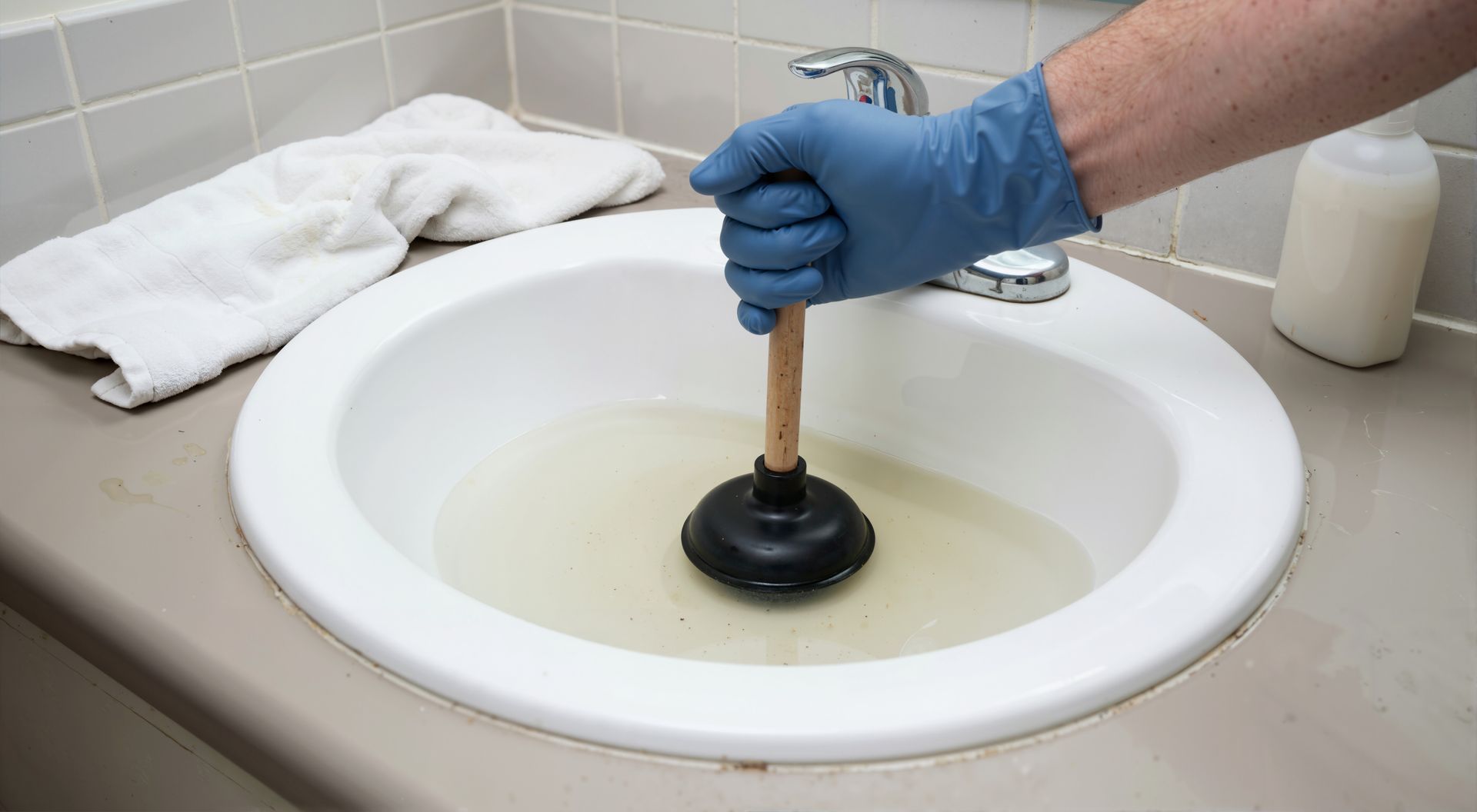 Gloved hand using a plunger to unclog a sink with murky water