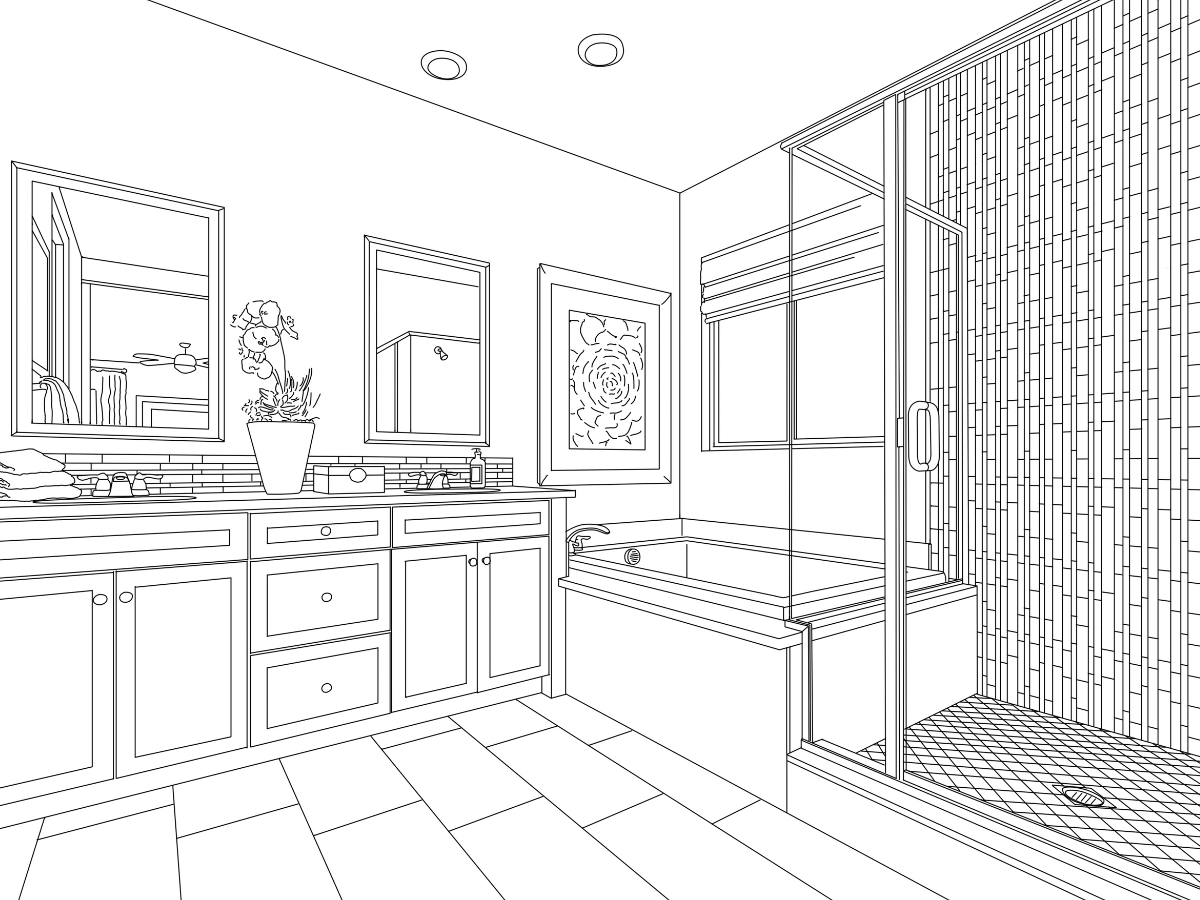 Black and white sketch of a bathroom interior with a vanity, mirrors, a bathtub, and a shower.