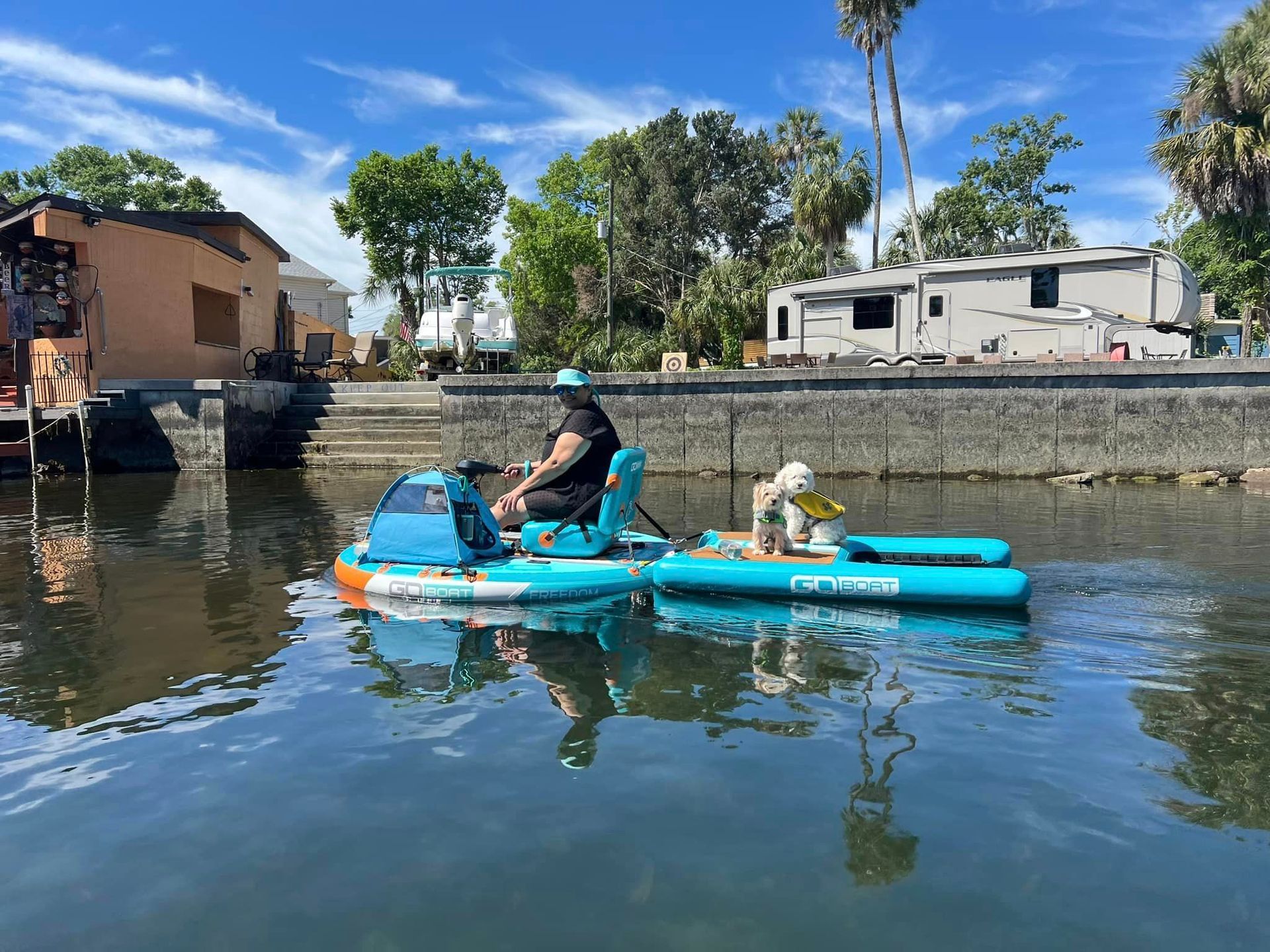 A man and a dog are riding a pedal boat on a river.