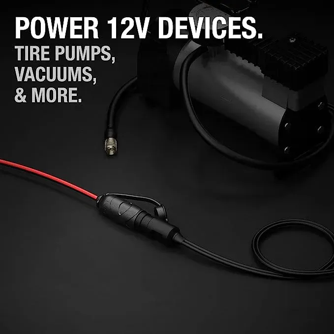A picture of a tire pump with the words `` power 12v devices . tire pumps , vacuums , and more . ''