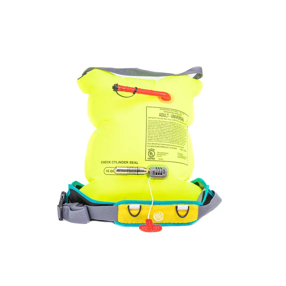 A yellow life preserver with a blue strap on a white background.