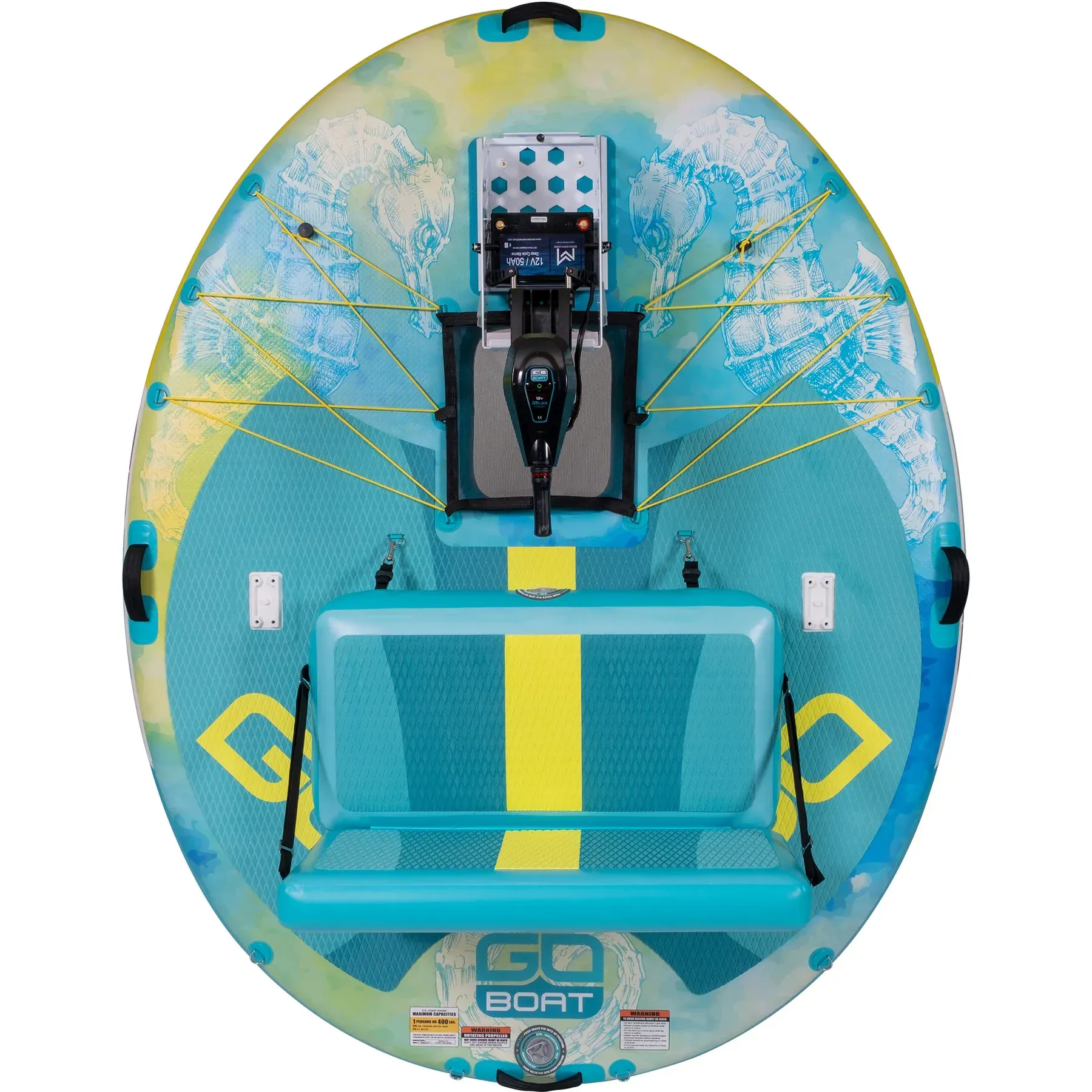 A blue and yellow boat with the word boat on it