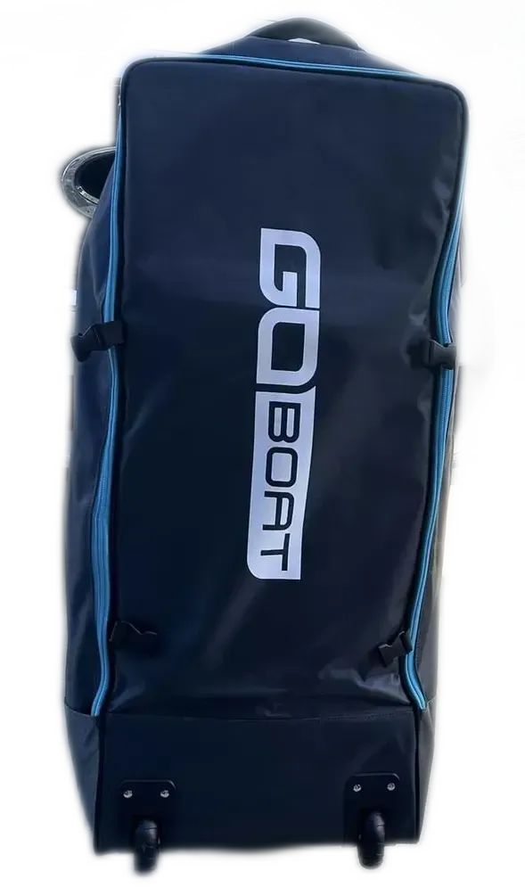 A black bag with wheels and the word go boat on it.