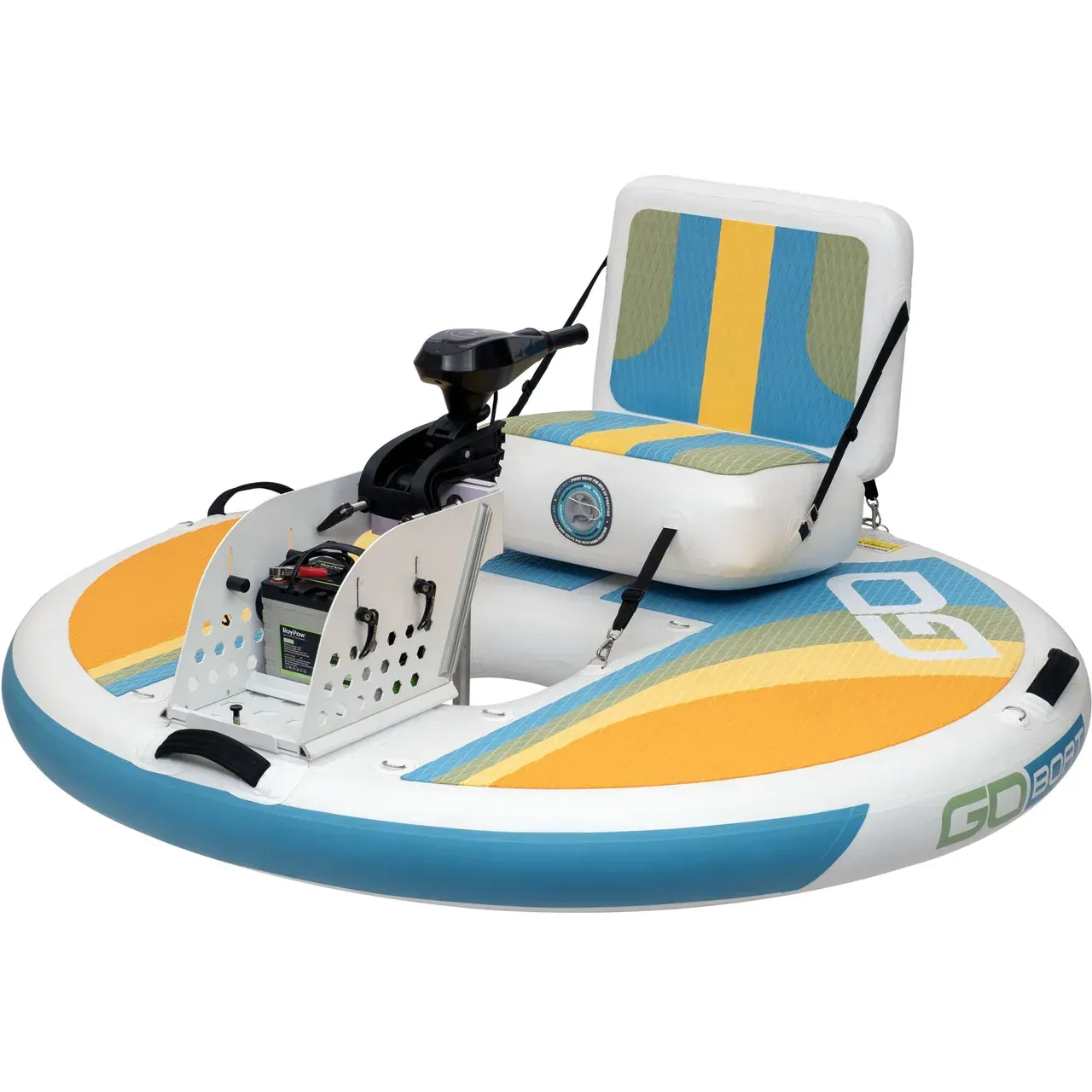 An inflatable boat with a seat and motor attached to it