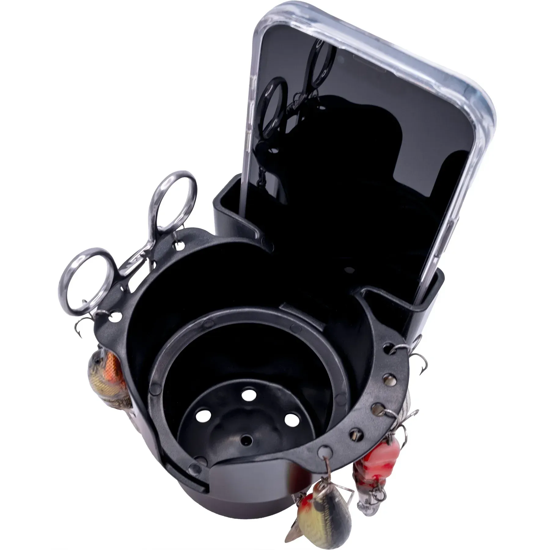 A cell phone is sitting in a cup holder with scissors and hooks.
