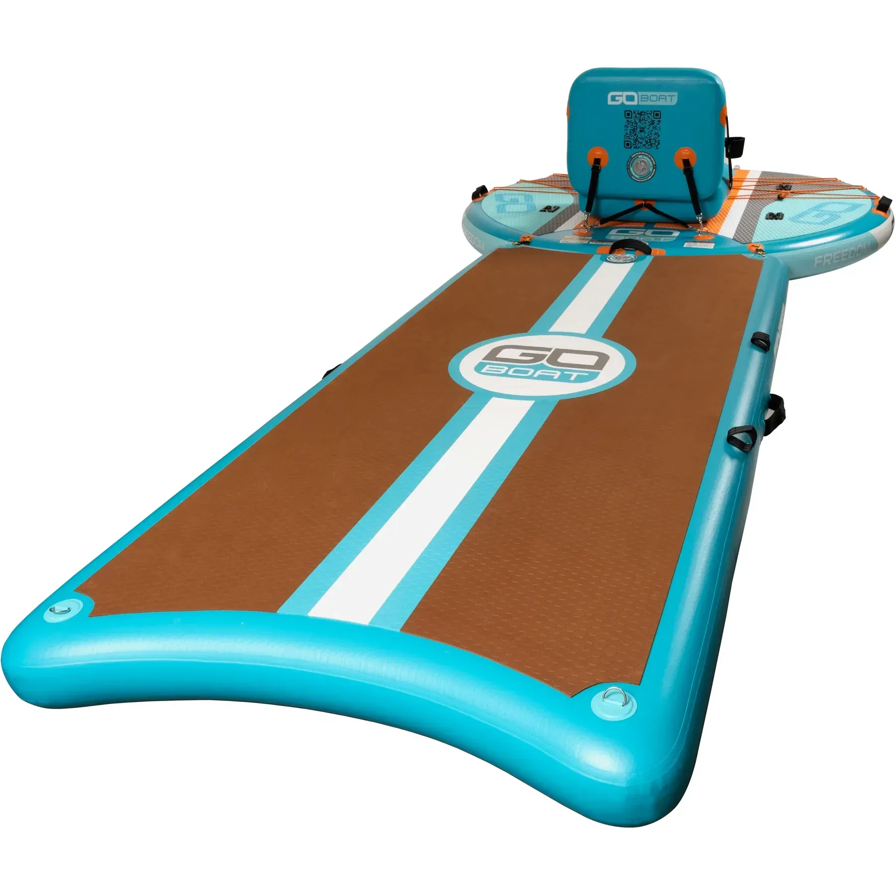 A blue and brown inflatable surfboard with a chair attached to it