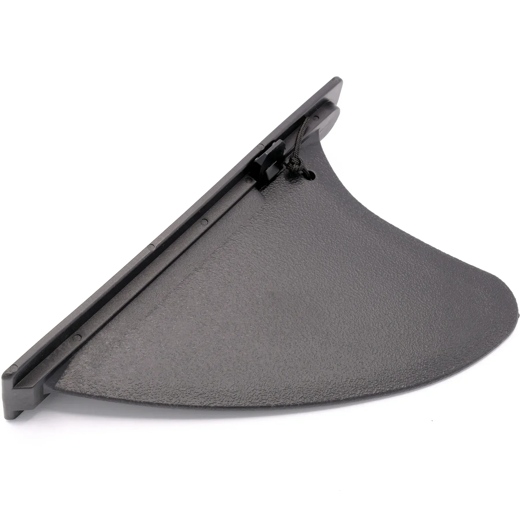 A close up of a black object on a white background