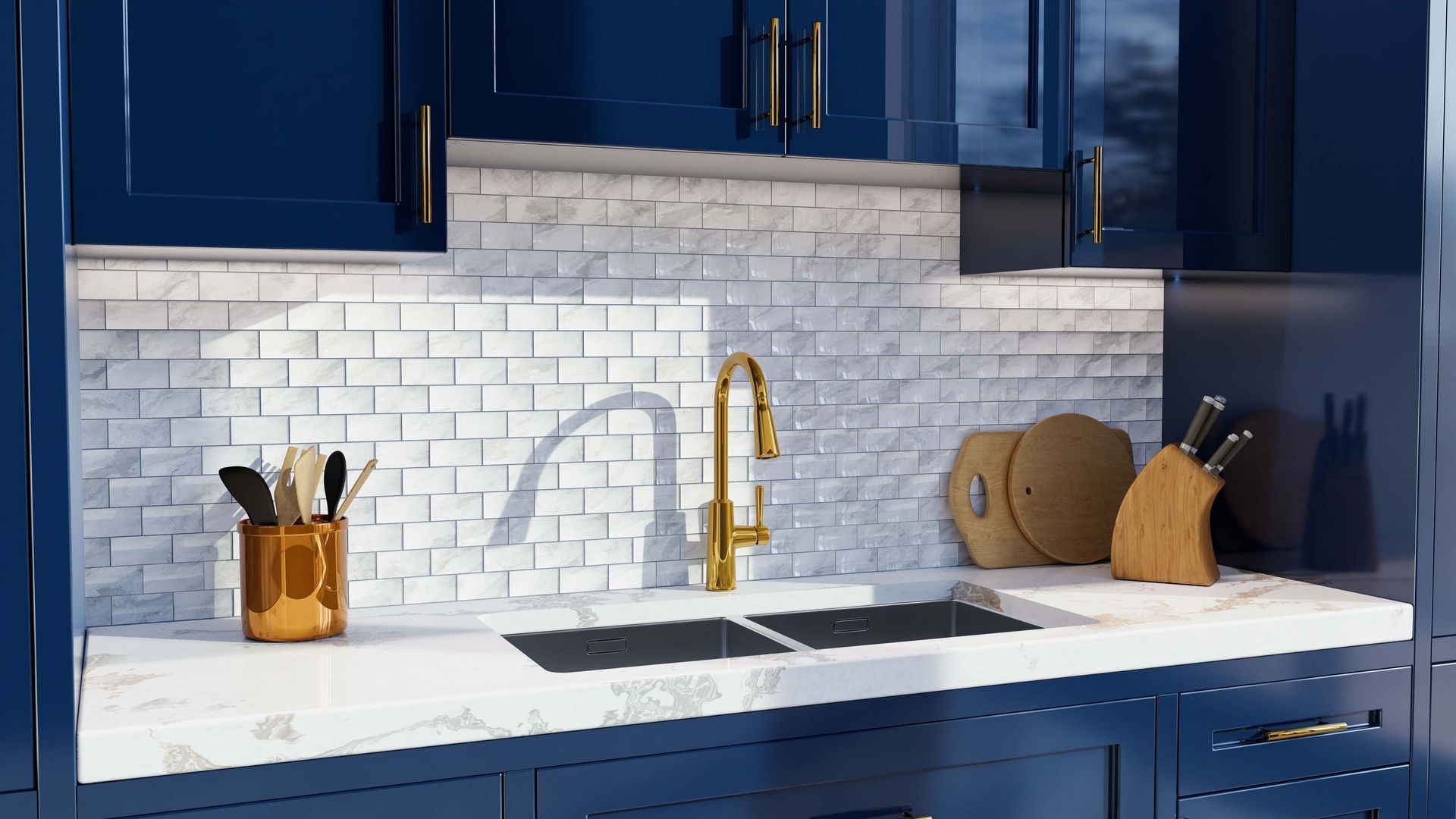 Blue kitchen with white tile backsplash, gold faucet, and utensils.