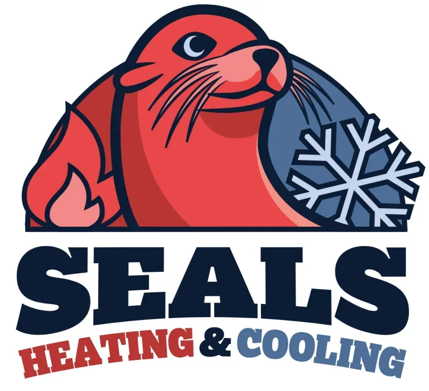 Red seal holding a blue snowflake; "SEALS Heating & Cooling" logo.