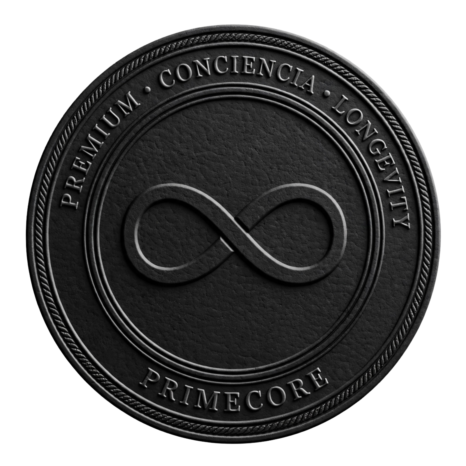 Medallón circular negro con un símbolo de infinito y el texto “PREMIUM • CONSCIENCE • LONGEVITY” y “PRIMECORE”.