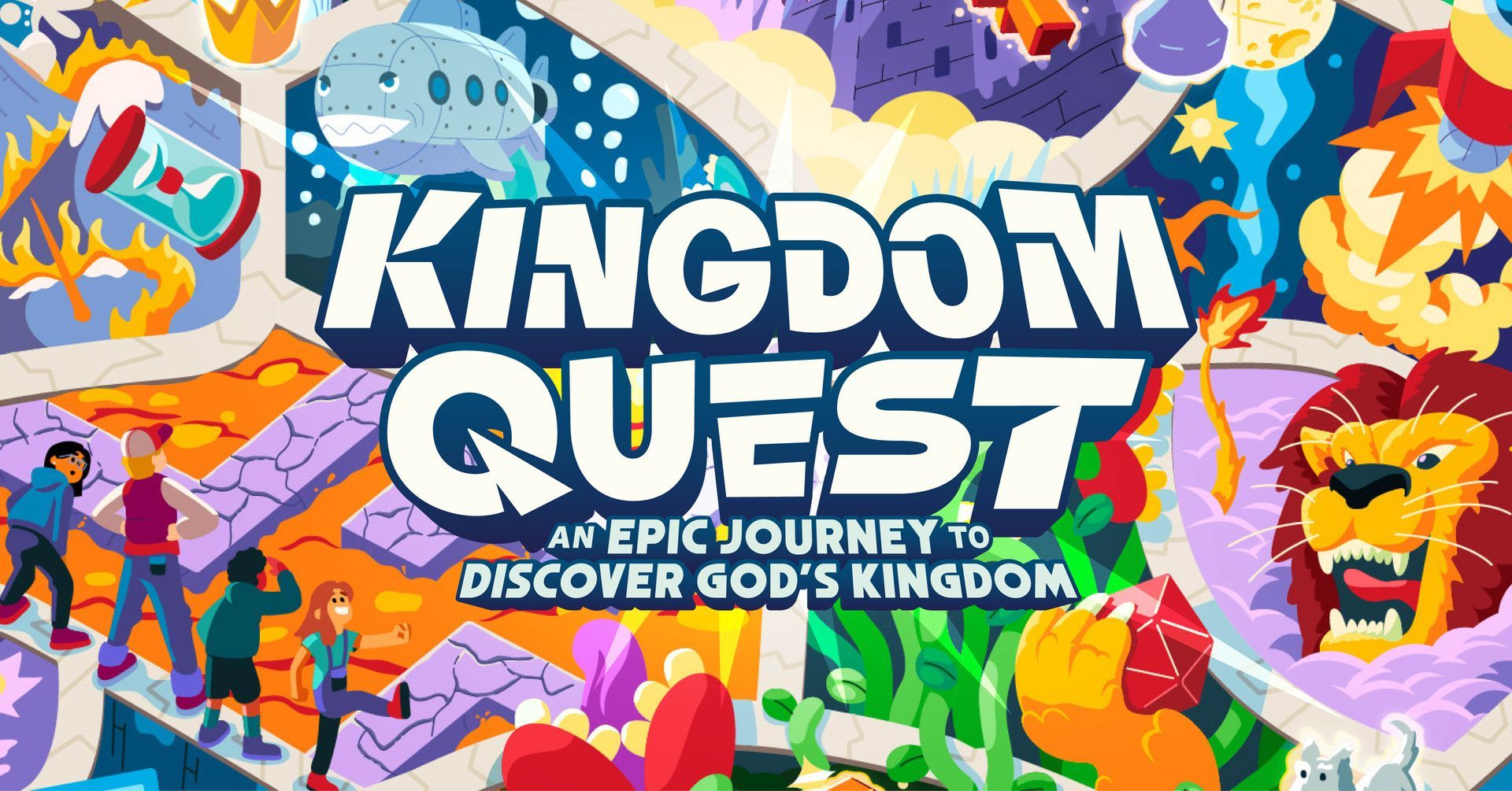 Kingdom Quest game art with colorful characters and dragons in a fantasy world