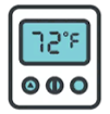 Digital thermostat display showing 72°F with three round buttons below, in a white frame