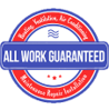Red circular repair logo with blue center and white text reading “ALL WORK GUARANTEED”