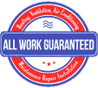 Red circular repair logo with blue center and white text reading “ALL WORK GUARANTEED”