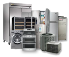 Assorted commercial kitchen appliances, including ovens, refrigerators, and dishwashers, in stainless steel.