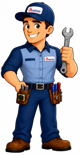 Smiling mechanic in blue uniform holding a wrench and wearing a cap, with tool belts on each side