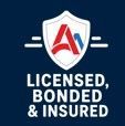 “Licensed, bonded & insured” badge logo on a dark blue background with a red-and-white shield emblem
