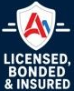 “Licensed, bonded & insured” badge logo on a dark blue background with a red-and-white shield emblem