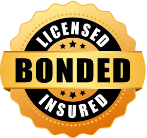 “Licensed, bonded & insured” badge logo on a dark blue background with a red-and-white shield emblem
