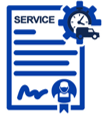 Blue service document icon with gears and a ribbon seal, symbolizing maintenance or certification