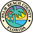 Palm Beach County, Florida seal with palm trees, sun, and blue water