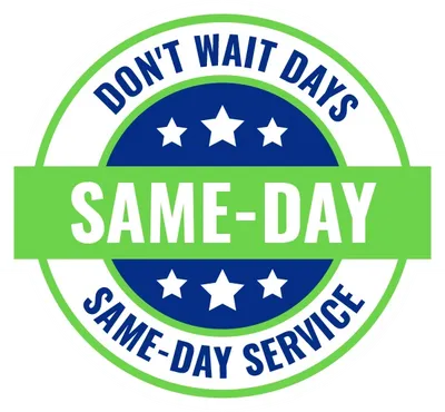 Blue and green badge reading “Same-Day” with “Don’t Wait Days” and “Same-Day Service” around stars