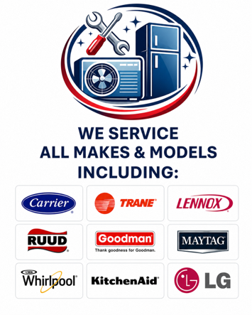 HVAC service ad with repair icon and logos for Carrier, Trane, Lennox, Ruud, Goodman, Maytag, Whirlpool, KitchenAid, LG