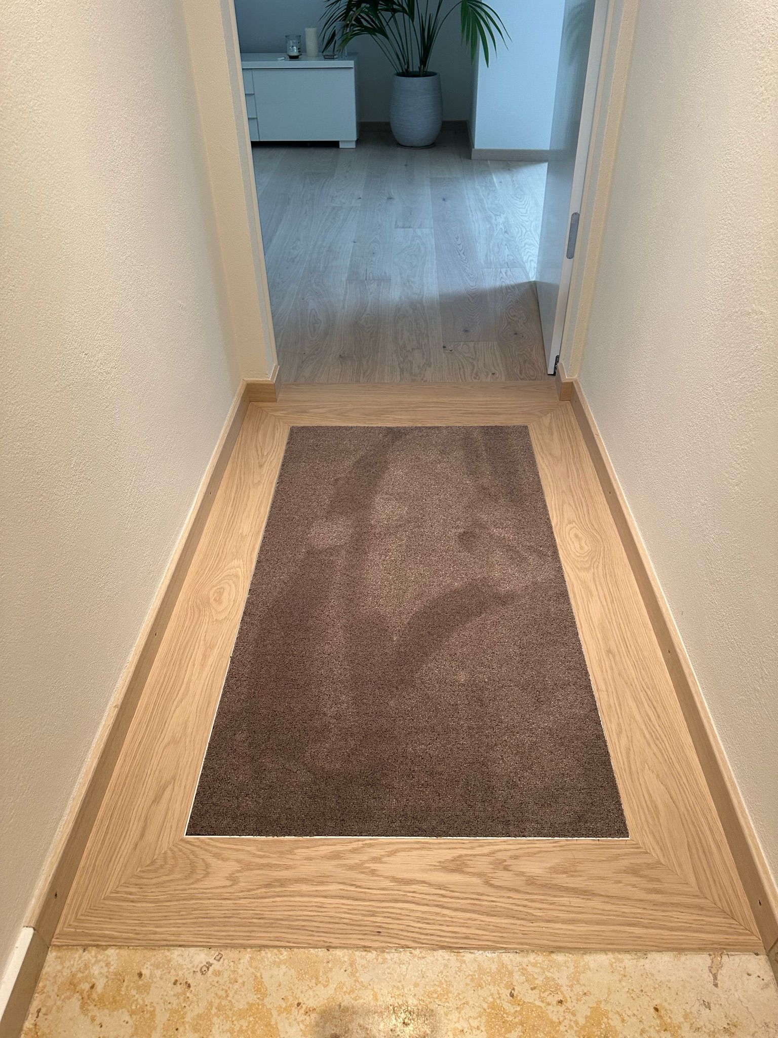 Un paillasson rectangulaire marron, encadré par un parquet clair, dans un couloir menant à une porte ouverte derrière laquelle se trouve une plante.