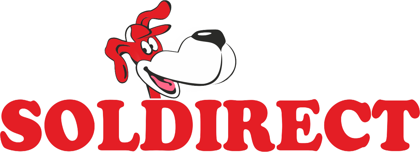 Le logo de SolDirect représente une tête de chien rouge de dessin animé au-dessus d'un texte rouge en gras.