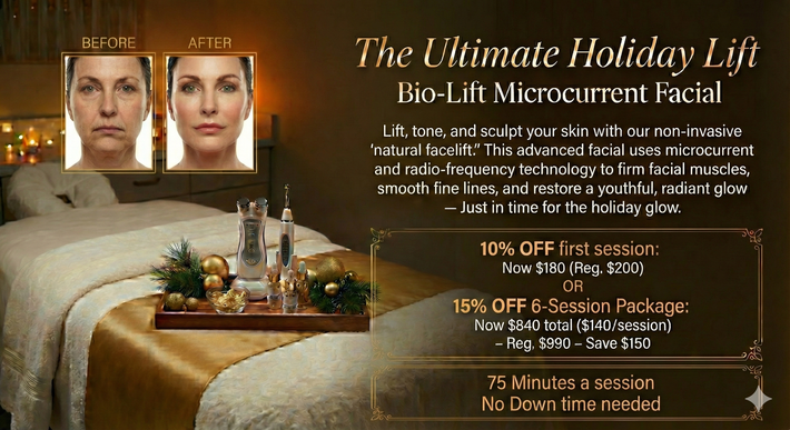 Advertisement for Bio-Lift Microcurrent Facial. Before/after photos show facial lift. Offers 10% off first session or 15% off a 6-session package.