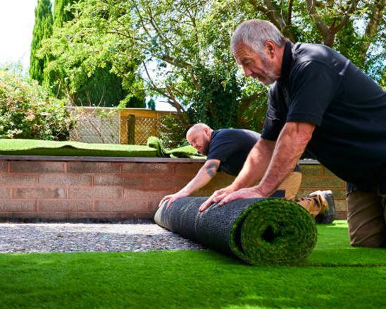 Two men are rolling a roll of artificial grass in a garden.