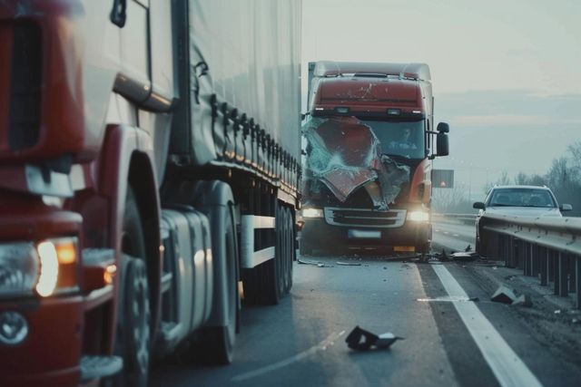 Trucks involved in a collision on a highway; one truck with severe front-end damage.