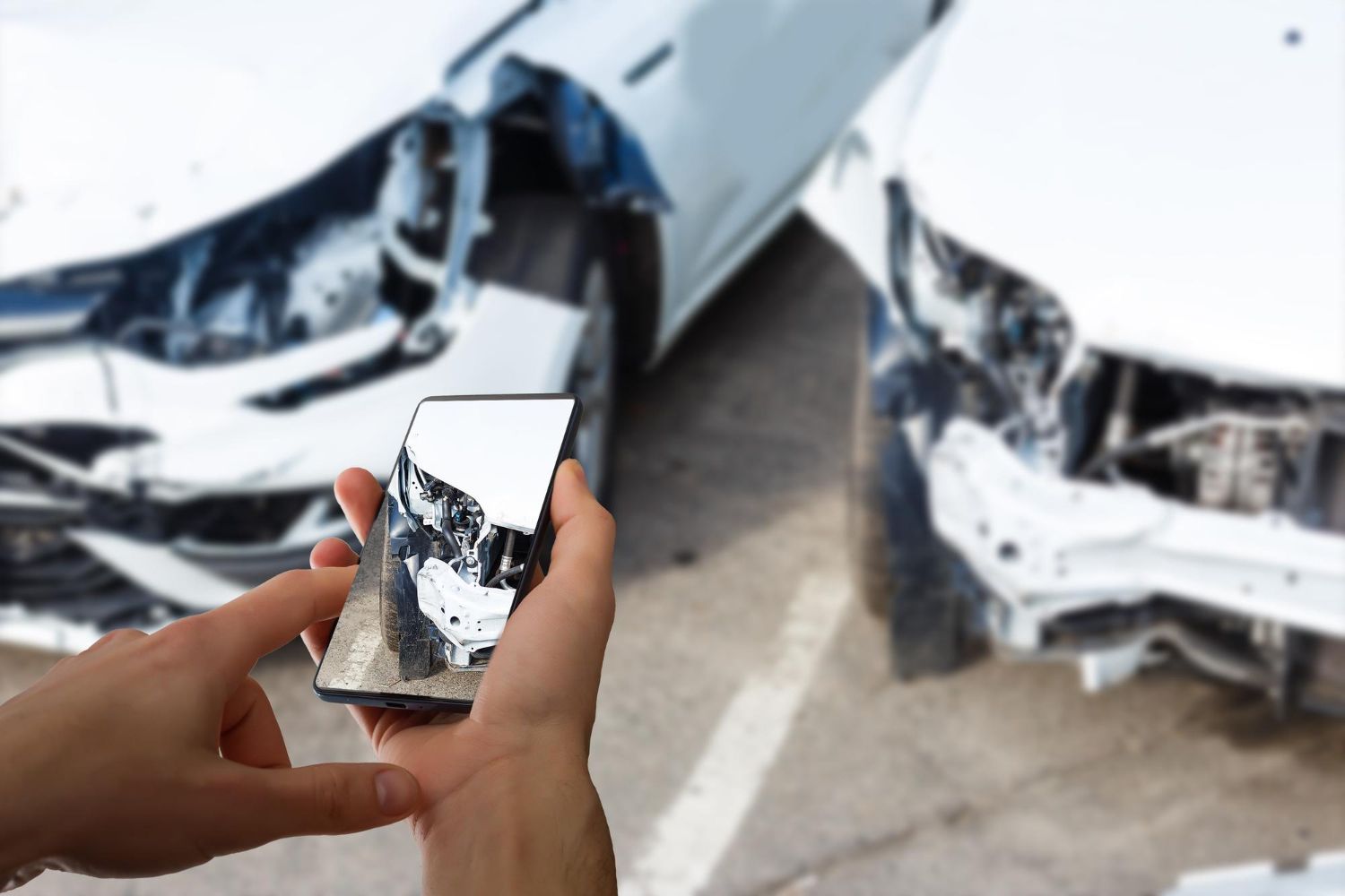 Hands holding a cracked phone screen in front of two damaged cars at an accident scene.