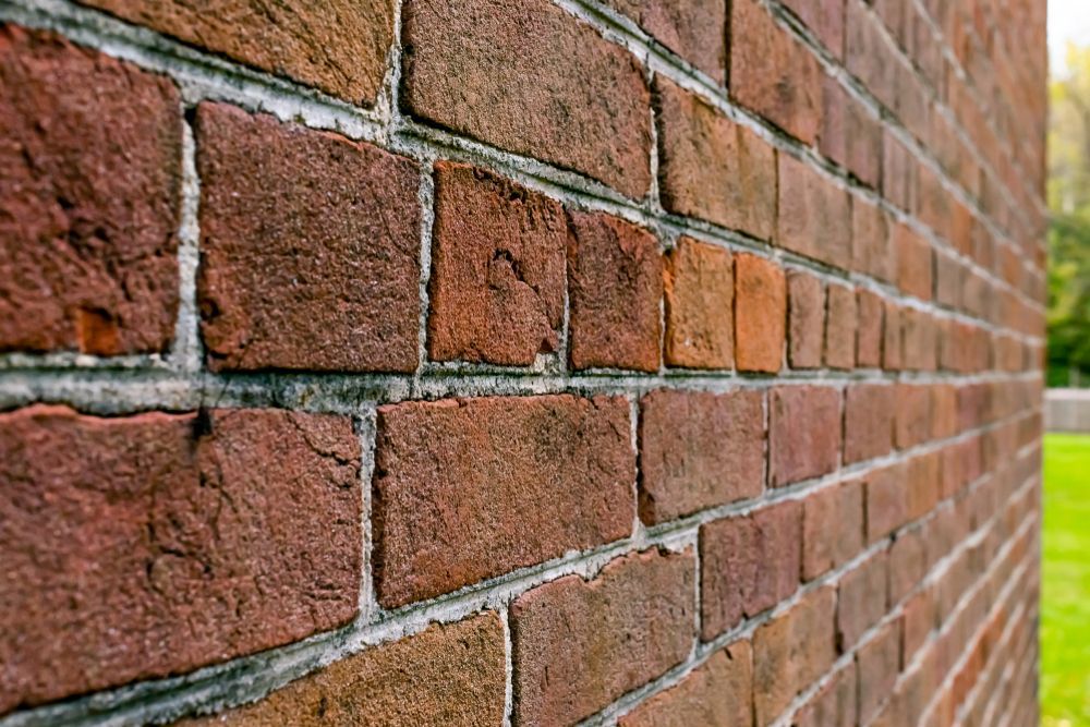 Close-up of a brick wall with varying shades of red and brown bricks, with a grassy lawn in the background.