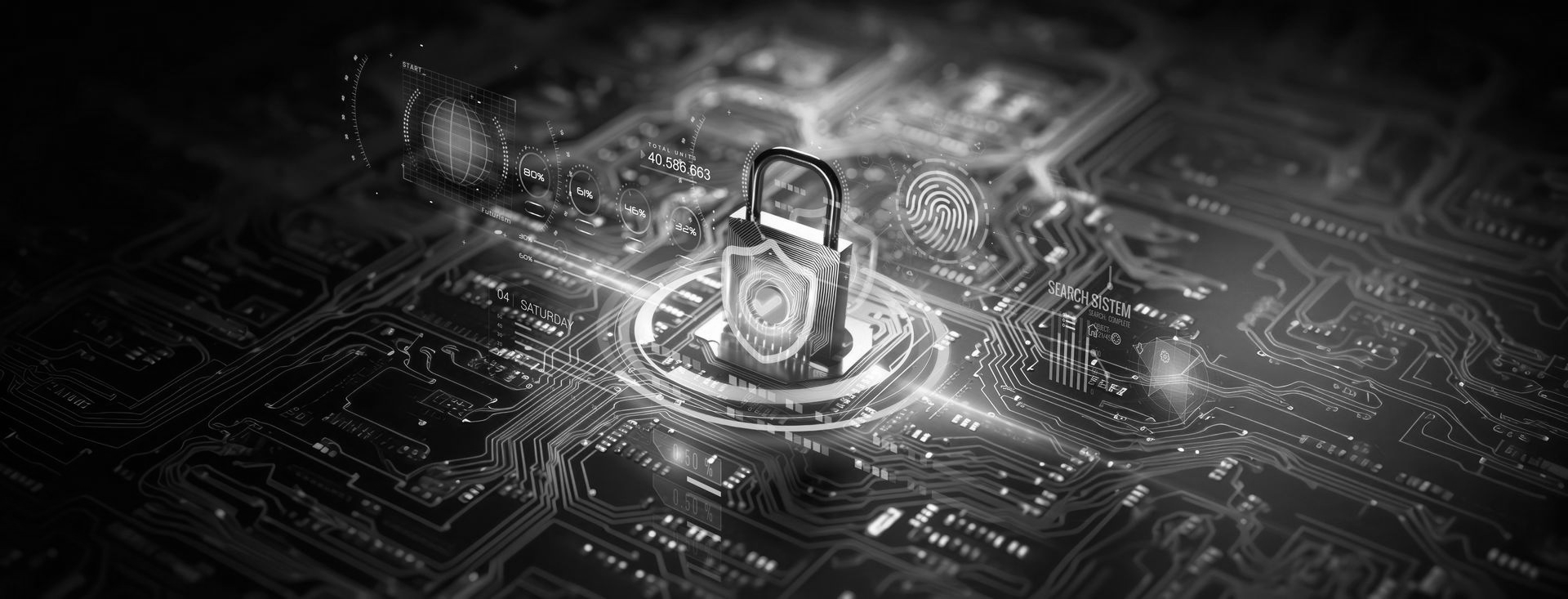 A glowing digital padlock rests on a complex, dark circuit board, symbolizing cybersecurity and data protection.