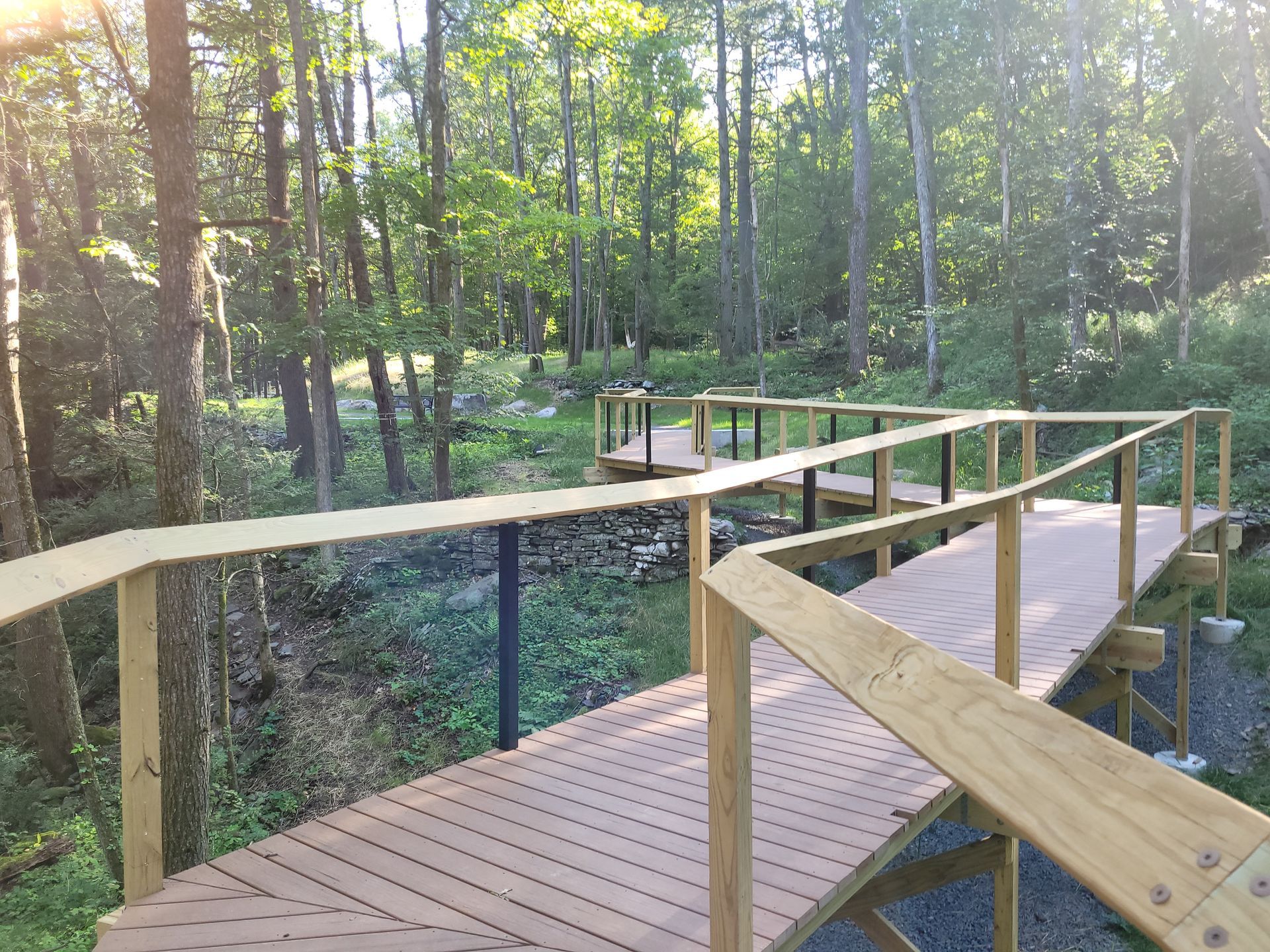 A wooden walkway in the middle of a forest.