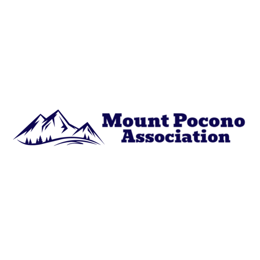 A blue logo for mount pocono association with a mountain in the background.