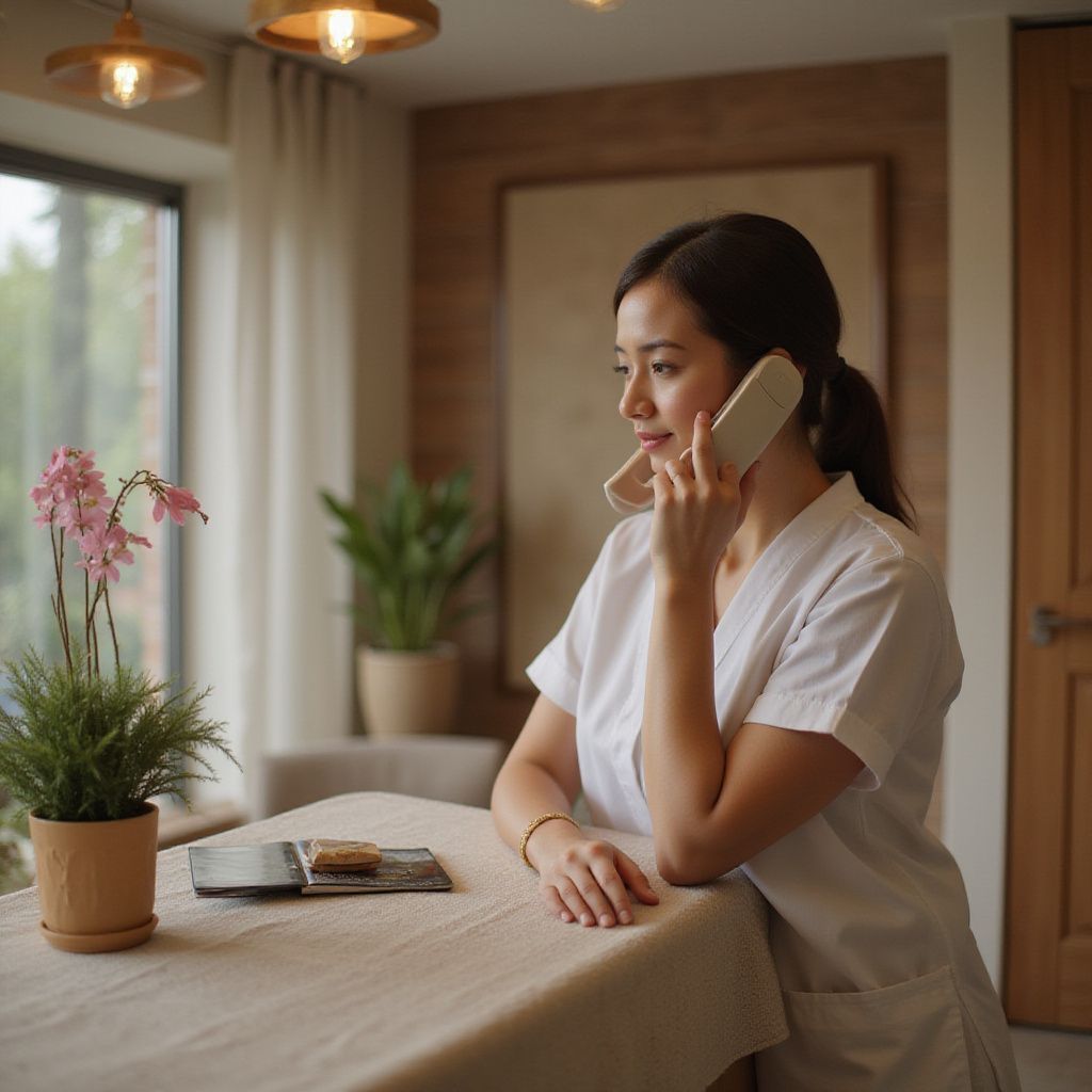 Woman in white uniform on phone, leaning on table with flowers, tablet, and plants. Light-filled room.