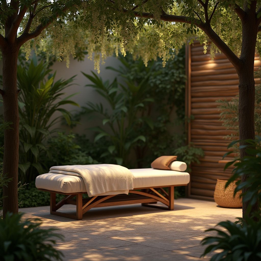 Massage table in an outdoor spa setting with lush greenery and wooden accents.