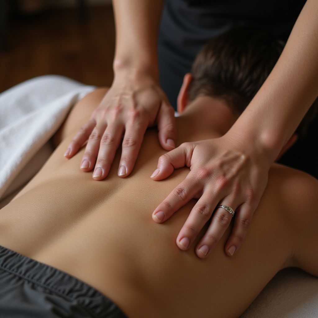 Hands giving a back massage. The person receiving the massage is lying down.