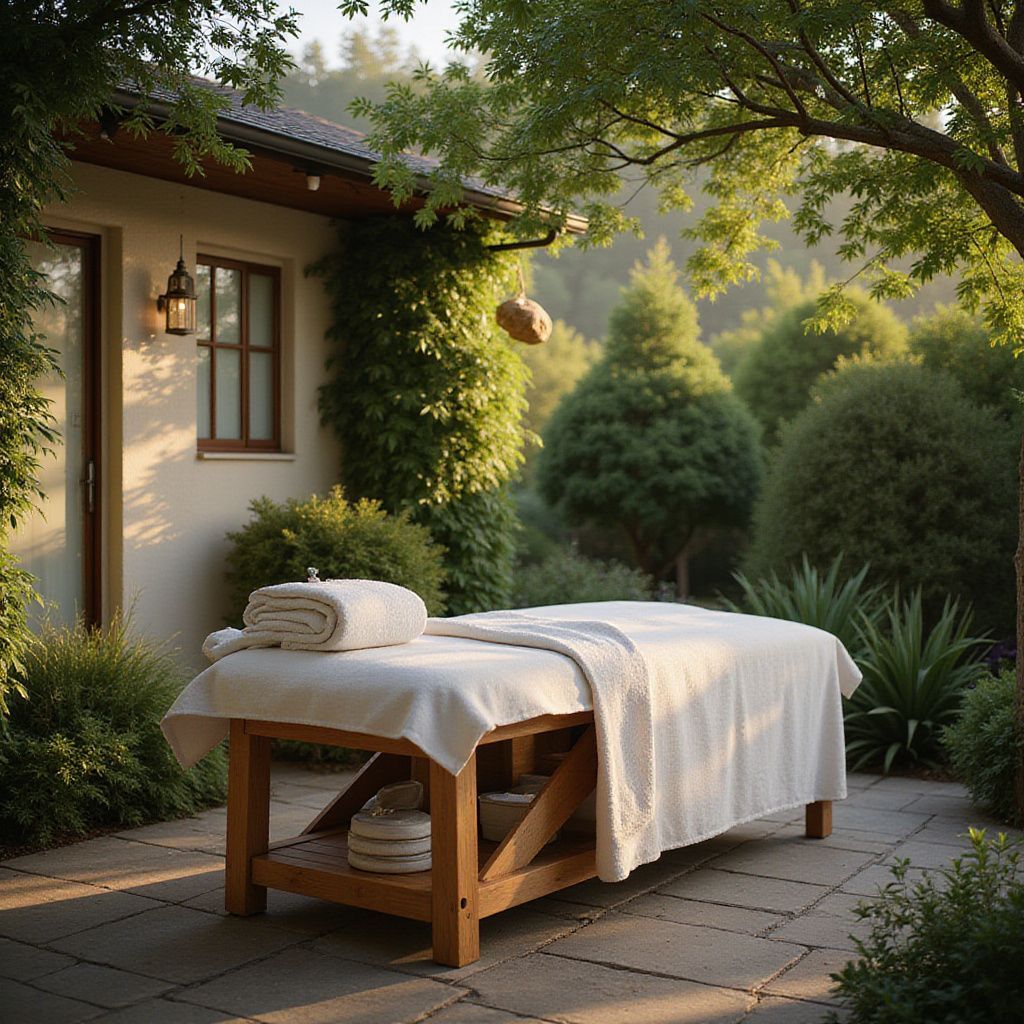 Massage table on a patio outside a building, surrounded by greenery. Sunny, relaxing atmosphere.