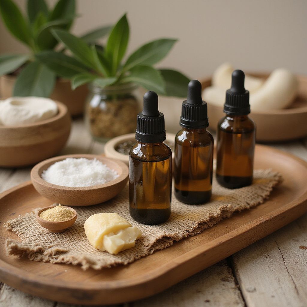 Three amber bottles with droppers on a wooden tray with bowls of salt, herbs, and shea butter.