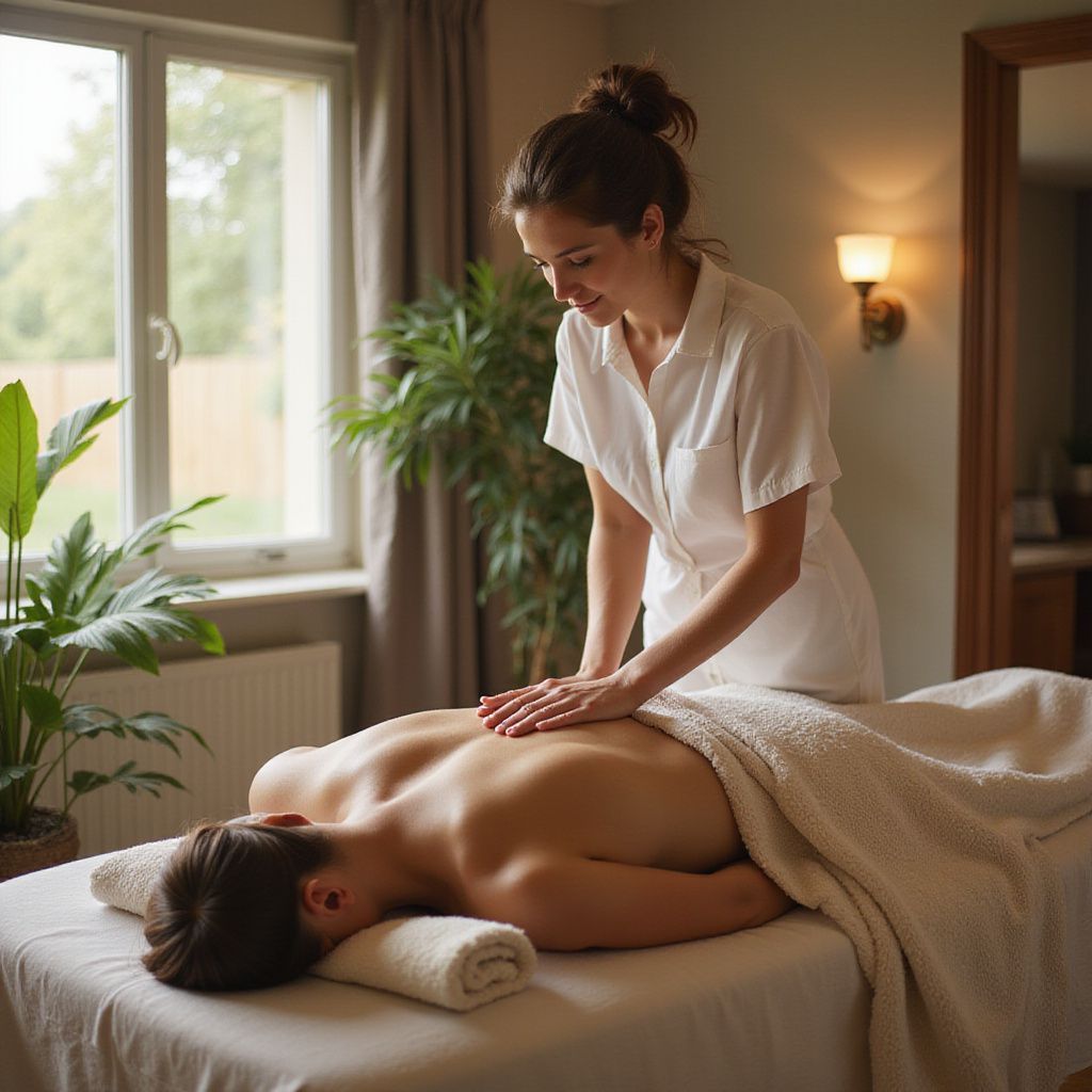 Woman giving back massage in a spa. Patient is face down on a massage table, covered with a towel. Soft, natural light.