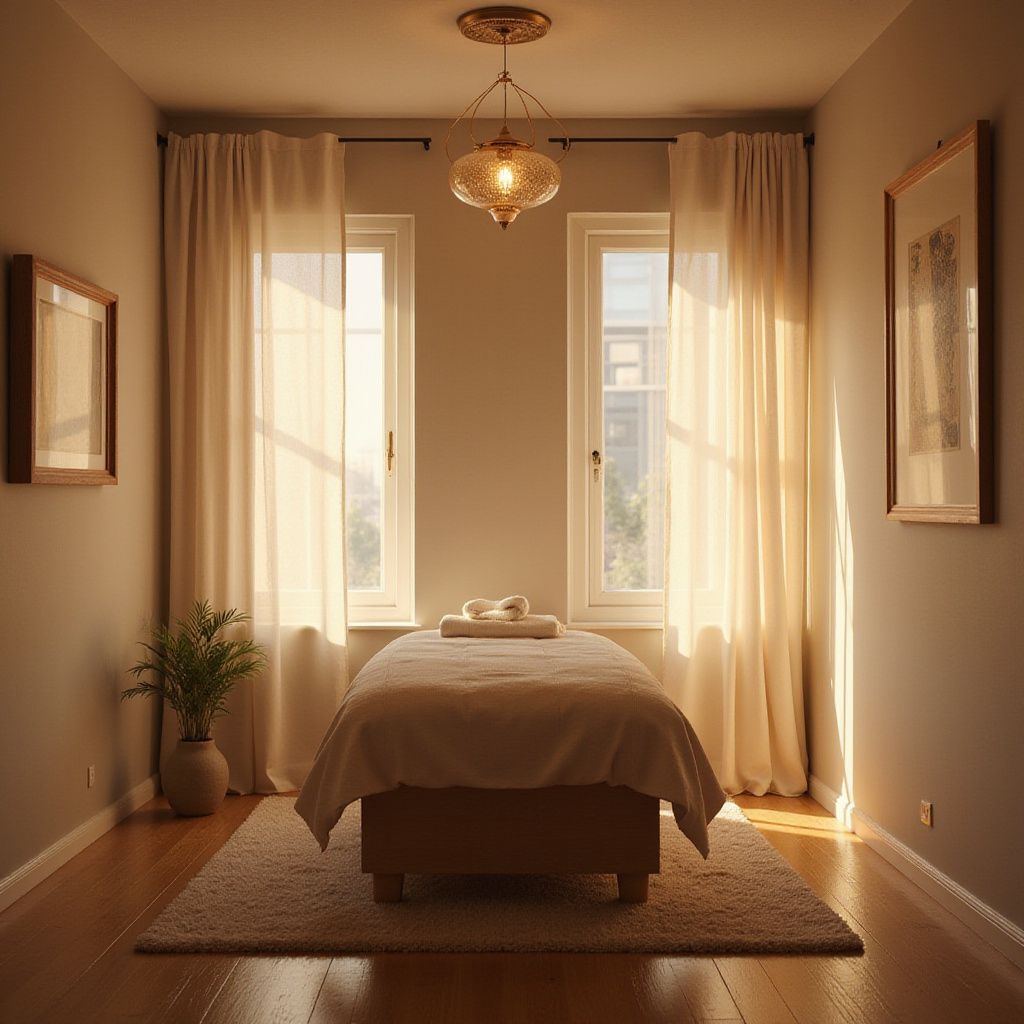 Massage room with a massage table, two windows, beige curtains, and warm lighting.