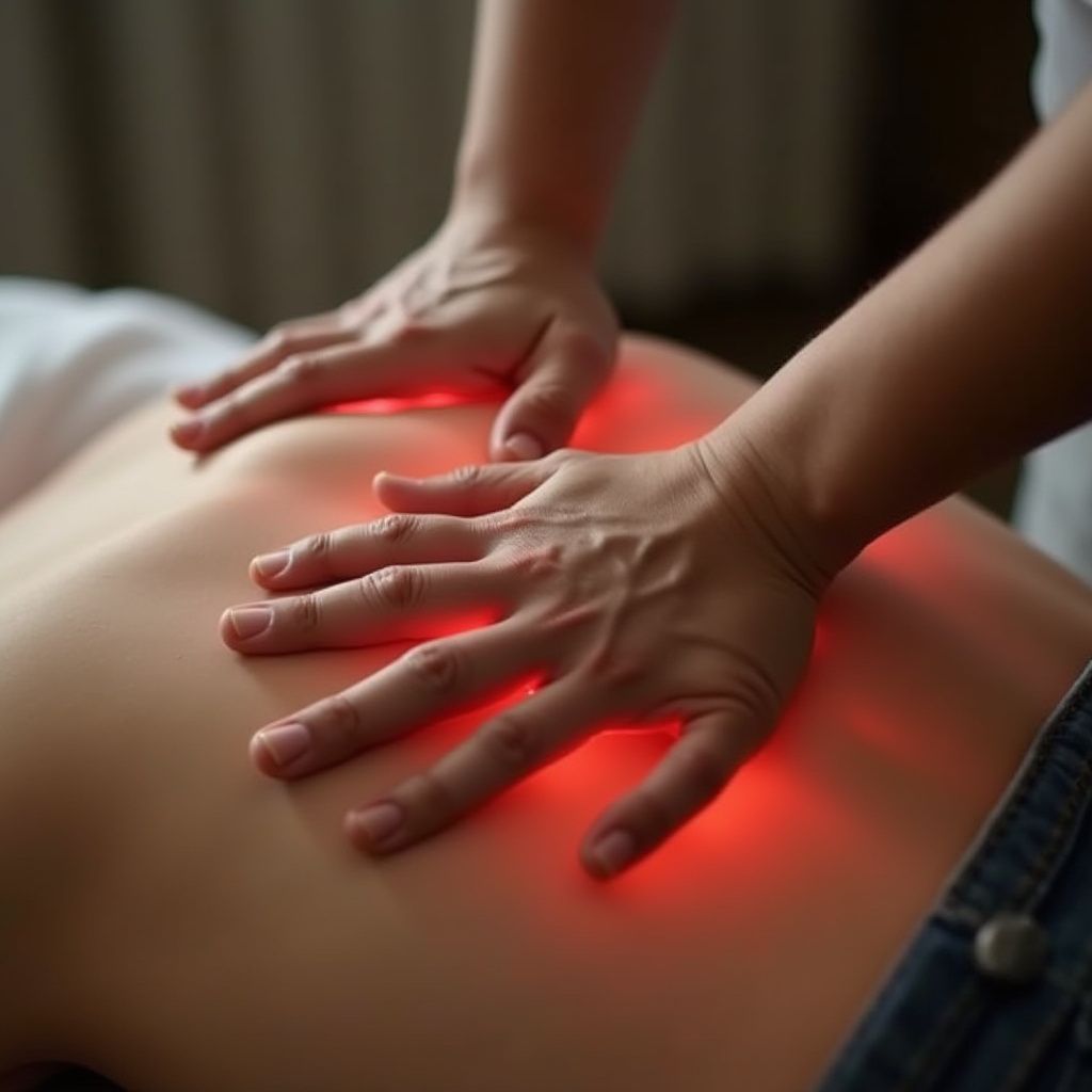 Hands performing a massage on a back, with red light illuminating the area.